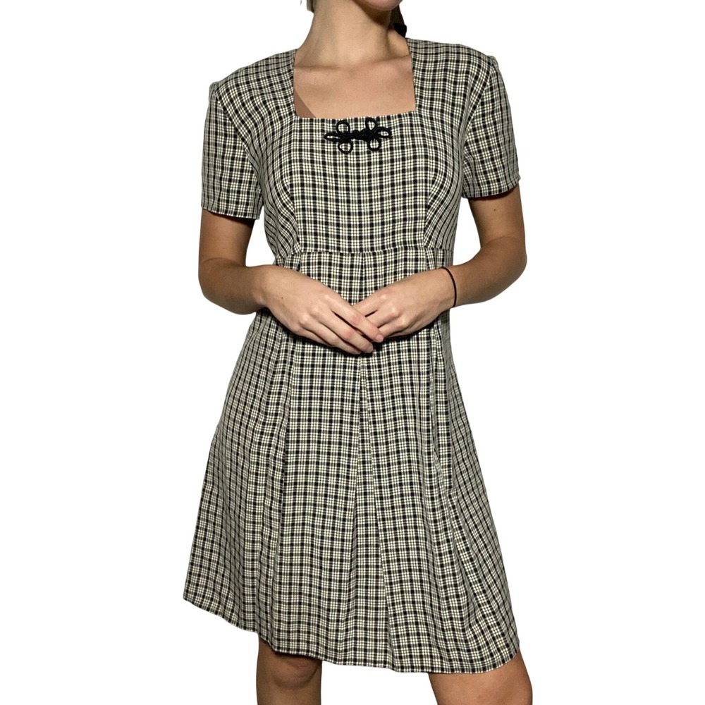 Vintage 90s Black Plaid Mini Dress Square Neck Frog Closure Coquette Timeless- 6
